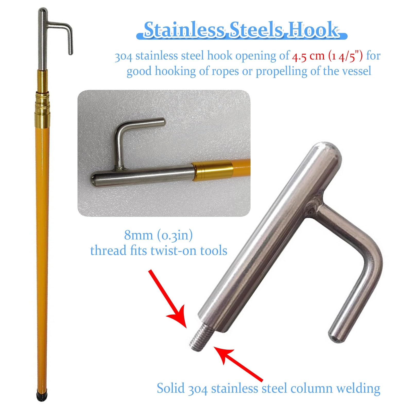 JYHHCYS Telescoping Extension Pole Boat Hook - Lightweight Floating Docking Telescopic Pole for Boating - 13 16 20 26ft Long Dock Pole with 316 Stainless Steels Hook(Stainless Steel Hook)