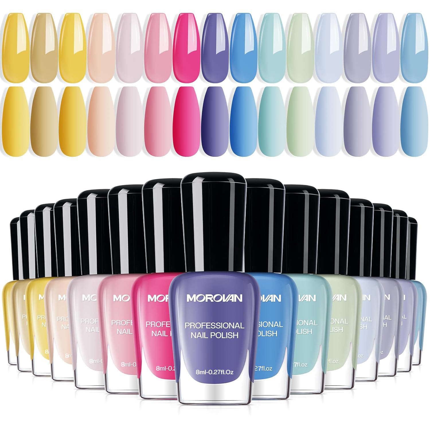 Morovan Pastel Nail Polish Set: Macaron Air Dry 15 Bright Colors 0.27oz Spring Summer Regular Fingernail Polish Kit