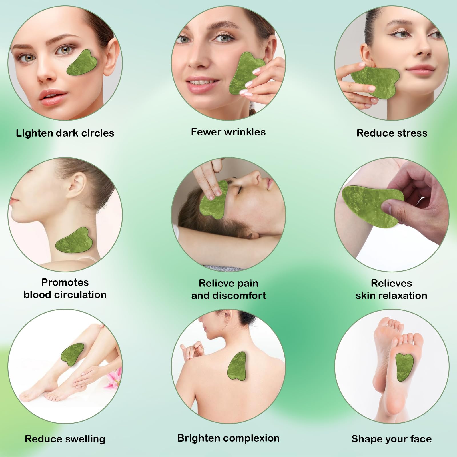 Coicok 7 pezzi Jade Gua Sha Stone Set, Gua Sha e rullo per il viso Beauty Massager Skincare, Jade Roller, massaggiatore naturale verde, rullo massaggiatore anti-invecchiamento, regalo di bellezza