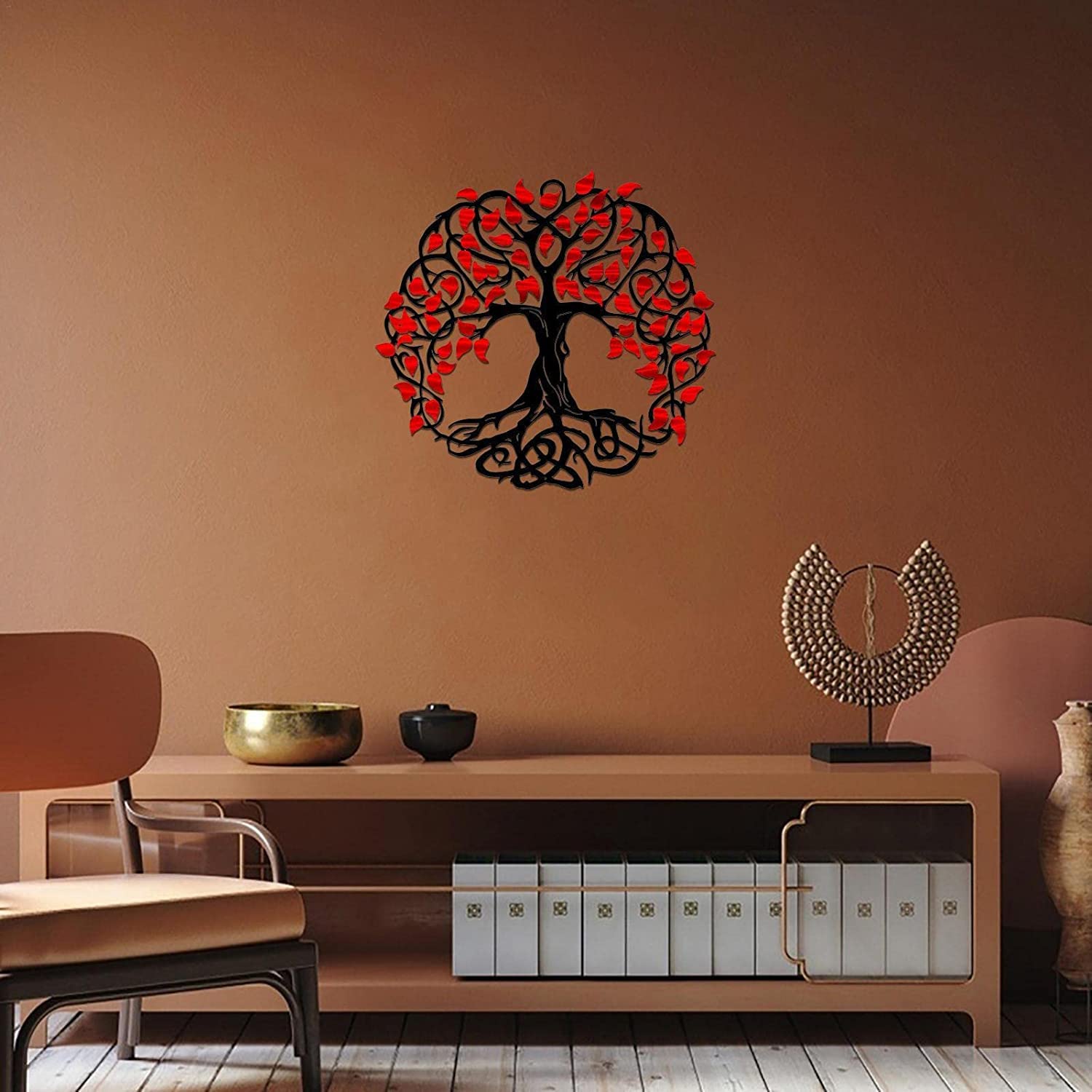 Decoración de Pared Decoración de pared de árbol de la vida de metal de 11,8 pulgadas, decoración de arte de pared de árbol genealógico, letrero de árbol, obra de arte decorativa de hierro (rojo)