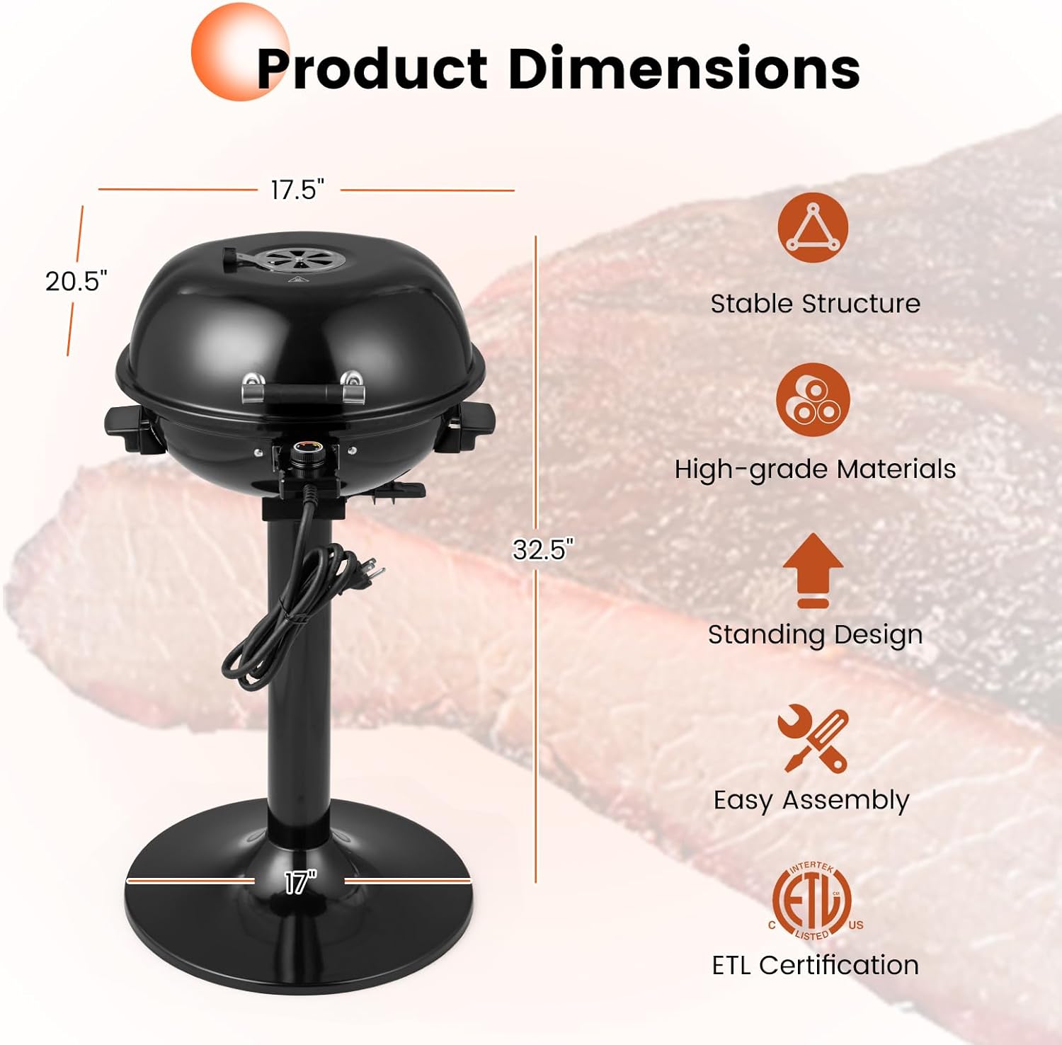 1600W Electric Grill Outdoor, 15-Serving Freestanding Camping Grill with Warming Rack, Removable Oil Drip Tray, Adjustable Temperature Control, Portable BBQ Grill for Patio, Backyard (Black)