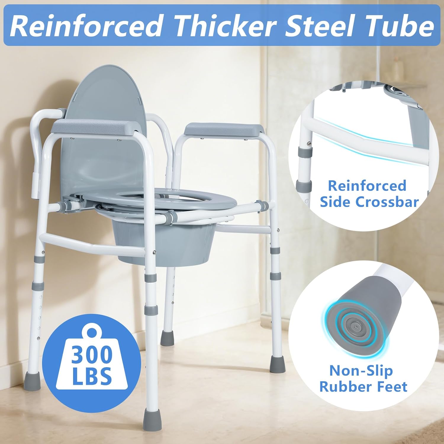 3-in-1 Bedside Commode Chair with Splash Guard & Bucket, Portable Toilet for Seniors, Adult Potty Chair, Adjustable Height, Supports 300 lbs,White