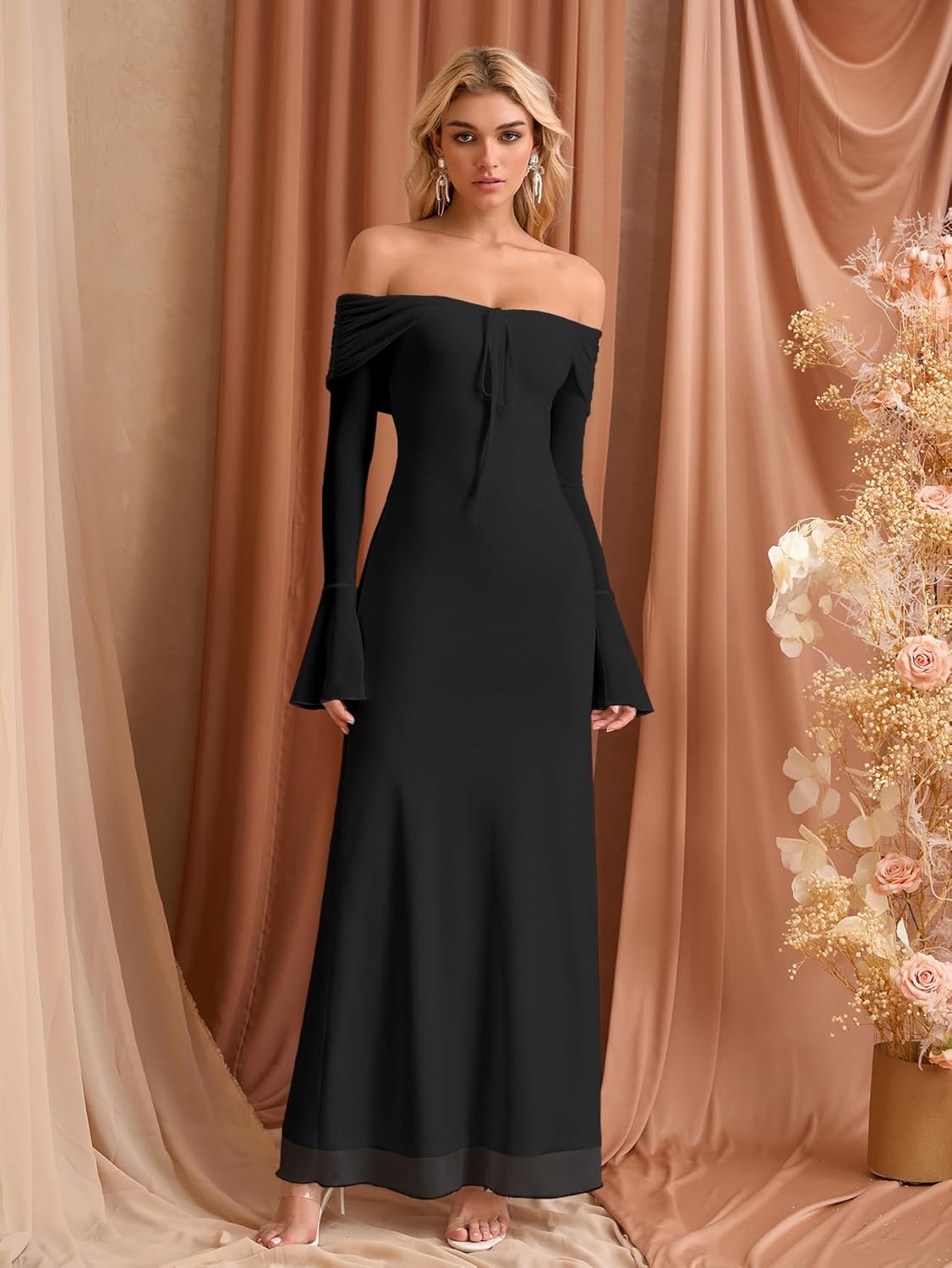 KUTUMAI Elegant Off Shoulder Long Sleeve Maxi Dress Bodycon Tie Formal Wedding Guest Dresses for Women 2025 Fall - Image 2