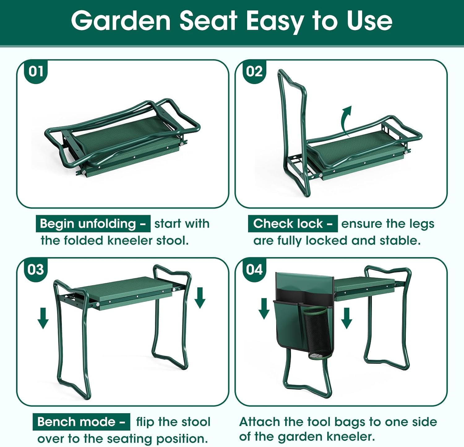 2-in-1 Garden Kneeler with Umbrella, Garden Kneeling Bench & Green Umbrella, Portable Garden Stool Loads Capacity 330lb and Garden Tools Bag with bottle holder, Gardening Gifts for Women,Men,Seniors