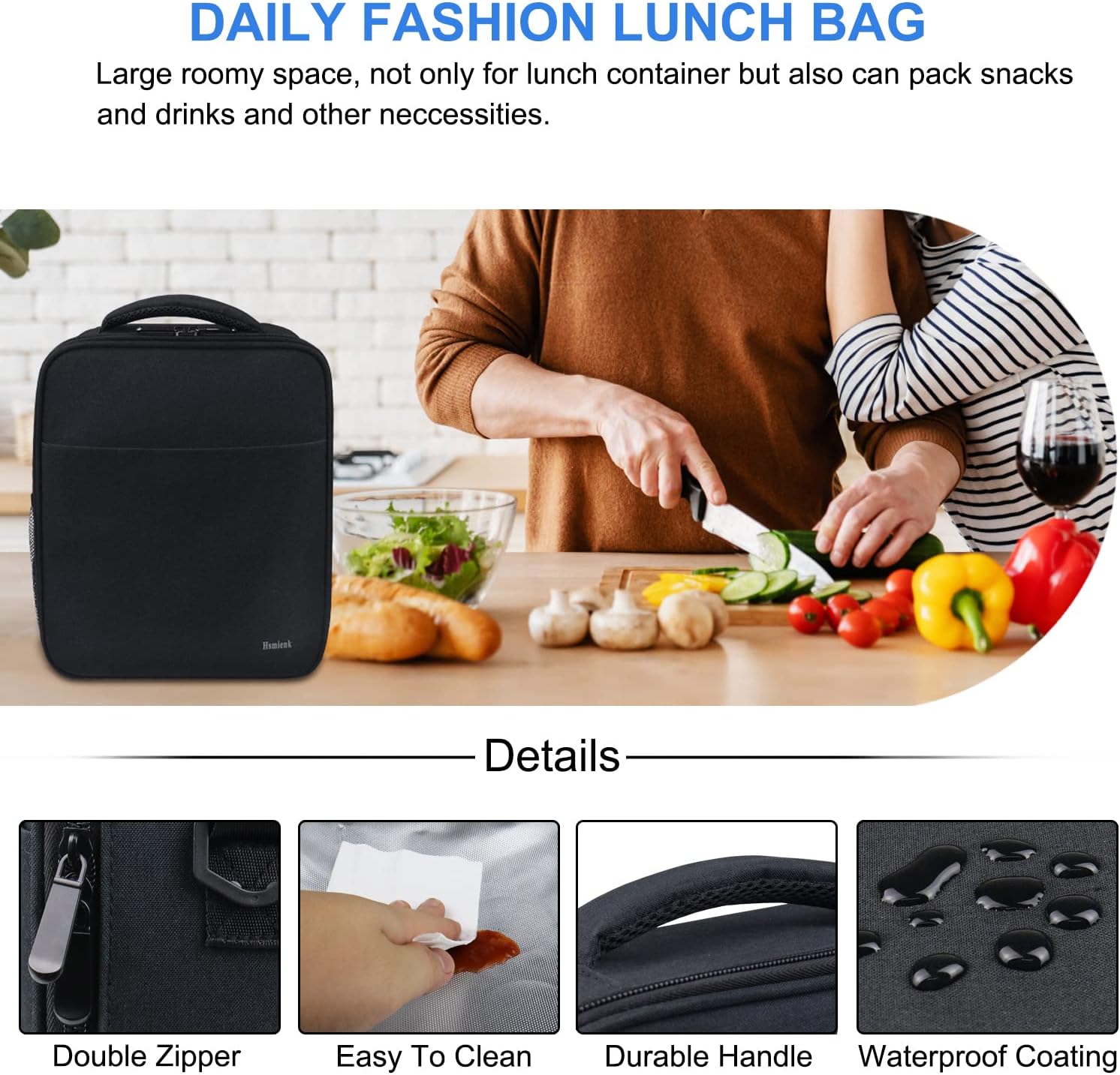Hsmienk Lunch Box for Men, Large Lunch Bag for Adults Water Resistant Insulated Lunch Bag, Reusable Lunch Box Portable Lunchbox Tote Bag with Adjustable Shoulder Strap for Office Work, Black - Image 4