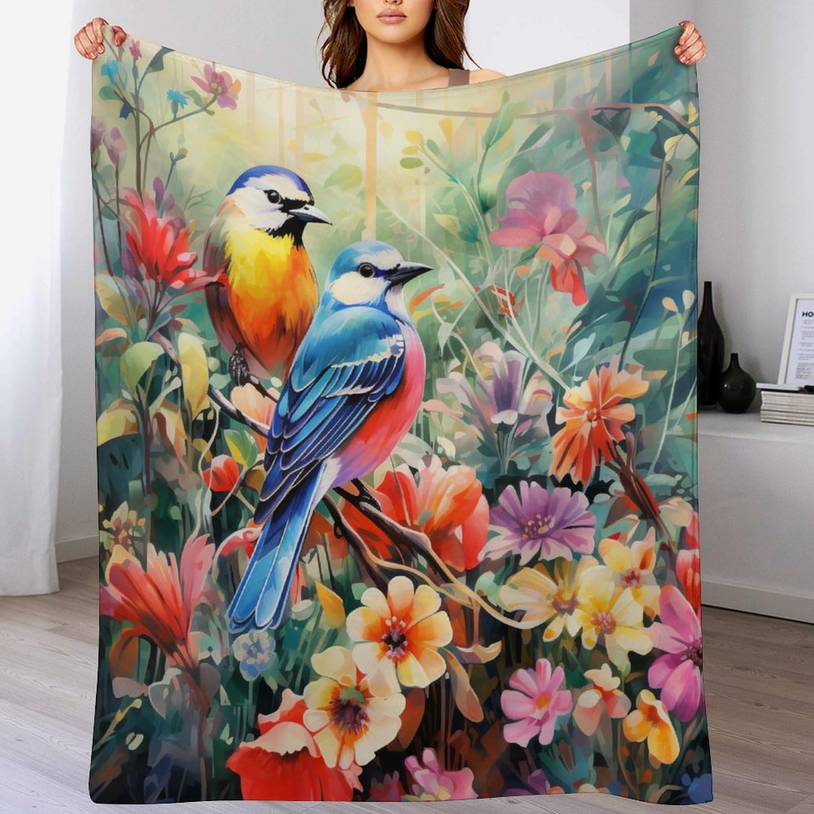 Couverture oiseaux et fleurs pour canapé et voyage - plaid doux 130x150