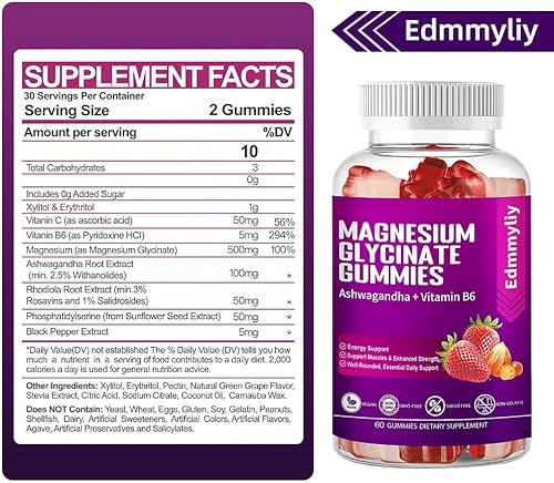 Miniatura 2 de Suplemento de gomitas de magnesio sin azúcar para mujeres y hombres, glicinato de magnesio de 500 mg con Ashwagandha, Rhodiola, apoya la energía y