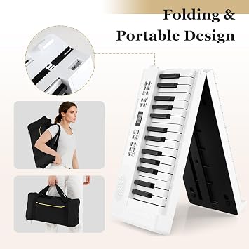 COSTWAY 61 Key Folding Digital Piano Keyboard, Portable Full Size Electric Piano with MIDI & Split Function, Headphone, Sustain Pedal, Carrying Bag, for Beginners, Kids, Adults (White)