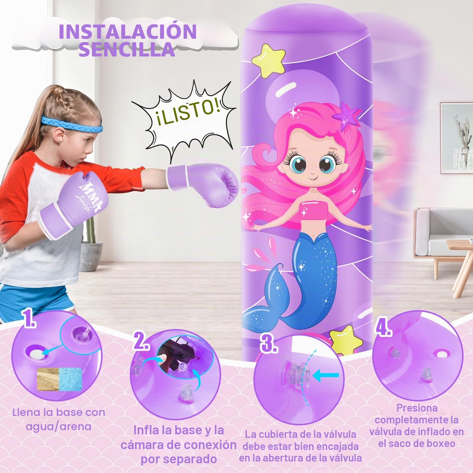 Saco de Boxeo Inflable Grande 168 cm para Niños 5-12 Años con Guantes, Set de Karate Taekwondo MMA