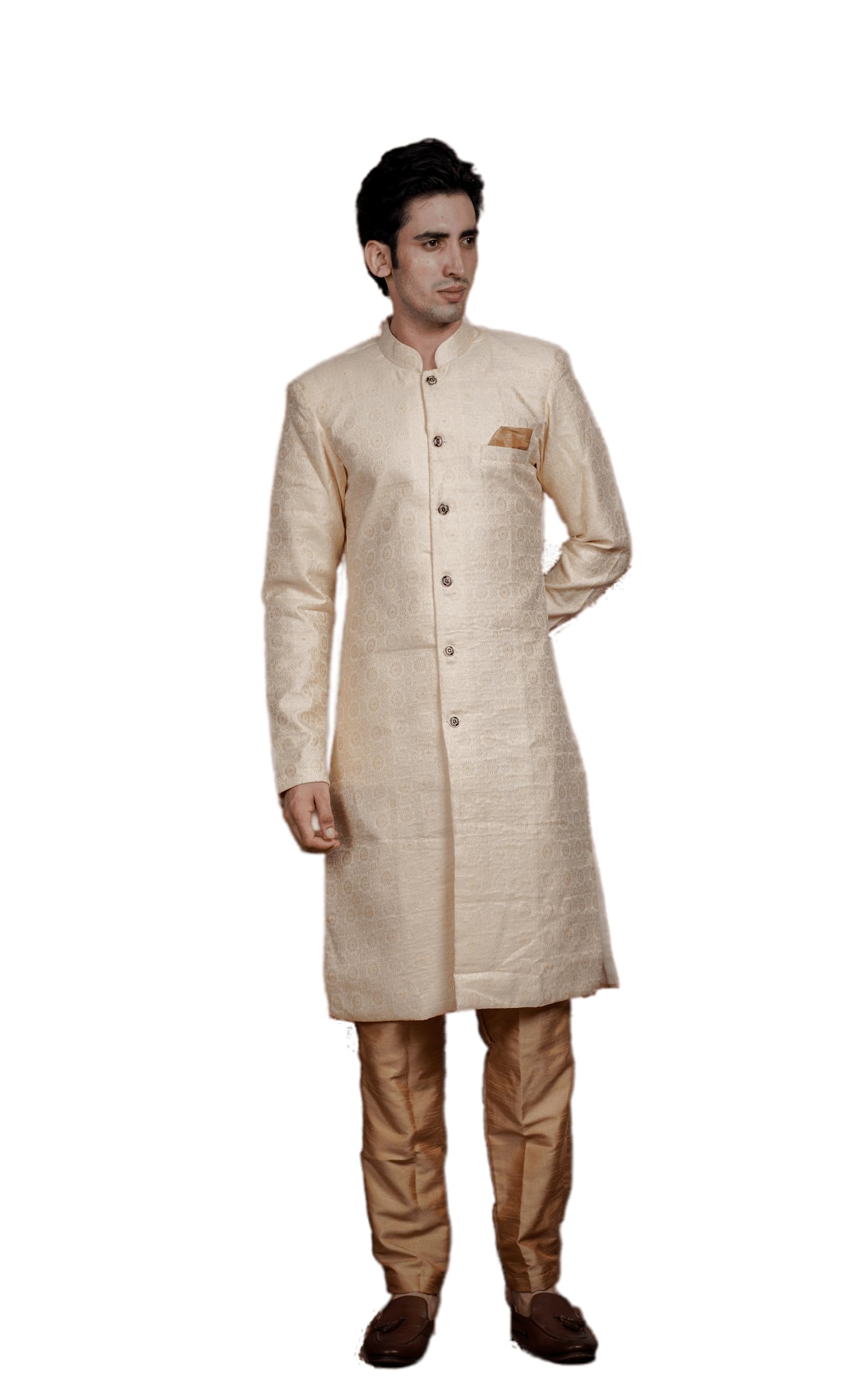 Mens Ethnic Wear Yellow Jecquard Sherwani Set