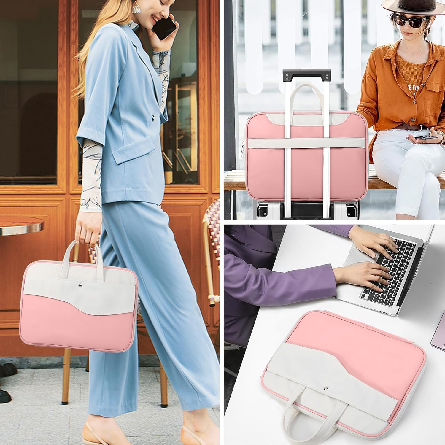 DTTO 14 Inch Laptop Sleeve Case, TSA Waterproof PU Leather Computer Carrying Case Shockproof Protective Laptop Bag with Handle for 13-14" MacBook HP Dell Lenovo ASUS Acer Chromebook, Pink White