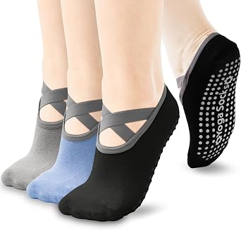 Non-Slip Yoga Socks for Women Grip Straps Socks for Pilates, Pure Barre, Ballet, Dance, Barefoot Workout3Pairs