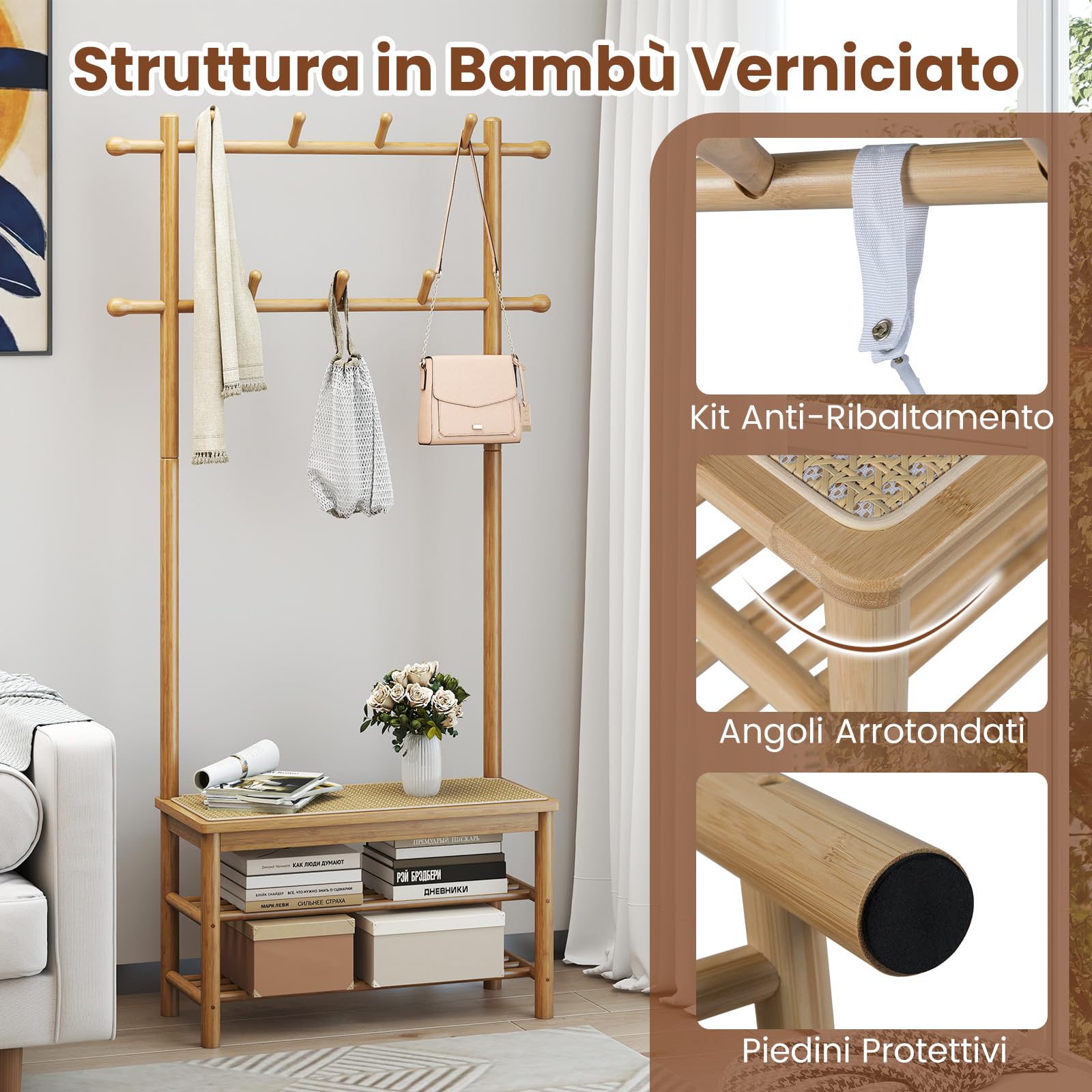 RELAX4LIFE 3 in 1 Attaccapanni con Scaffale per Scarpe, Mobile Ingresso in Bambù e Rattan PE con Panca, 2 Barre Appendiabiti, 11 Ganci e 2 Ripiani, per Corridoio, Camera, 71x30x169,5cm (Naturale)