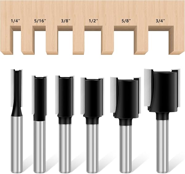 Juego de 6 fresas rectas de doble filo para router, vástago de 1/4, punta de carburo, herramientas de carpintería para ranurar, diámetros de corte: 3/4", 5/8", 1/2", 3/8", 5/16", 1/4"