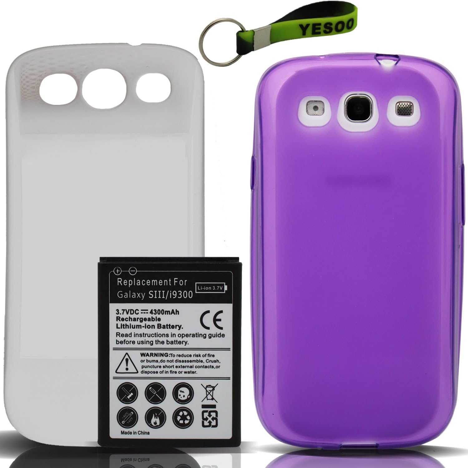 Extended Battery (4300mAh), Cover, TPU Case For Samsung Galaxy S3 III GT-I9300 + Exclusive Black And Green Color Key Chain Kit (White Cover, Purple TPU)