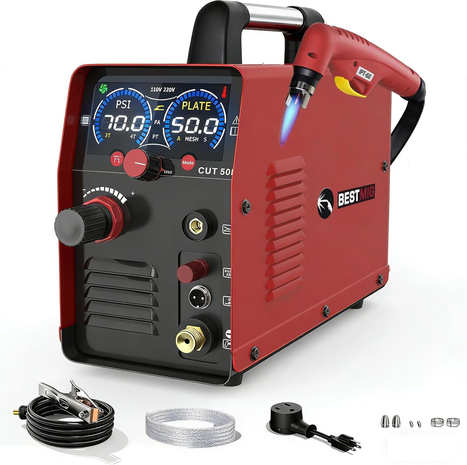 50A Plasma Cutter,2-In-1 Non-High Frequency Pilot Arc Plasma Cutter Machine,110/220V Dual Voltage Large LED Display Plasma Cutting Equipment 1/2"Clean Cut 3/5"Max Cut,PA/PT/2T/4T for Beginners DIY