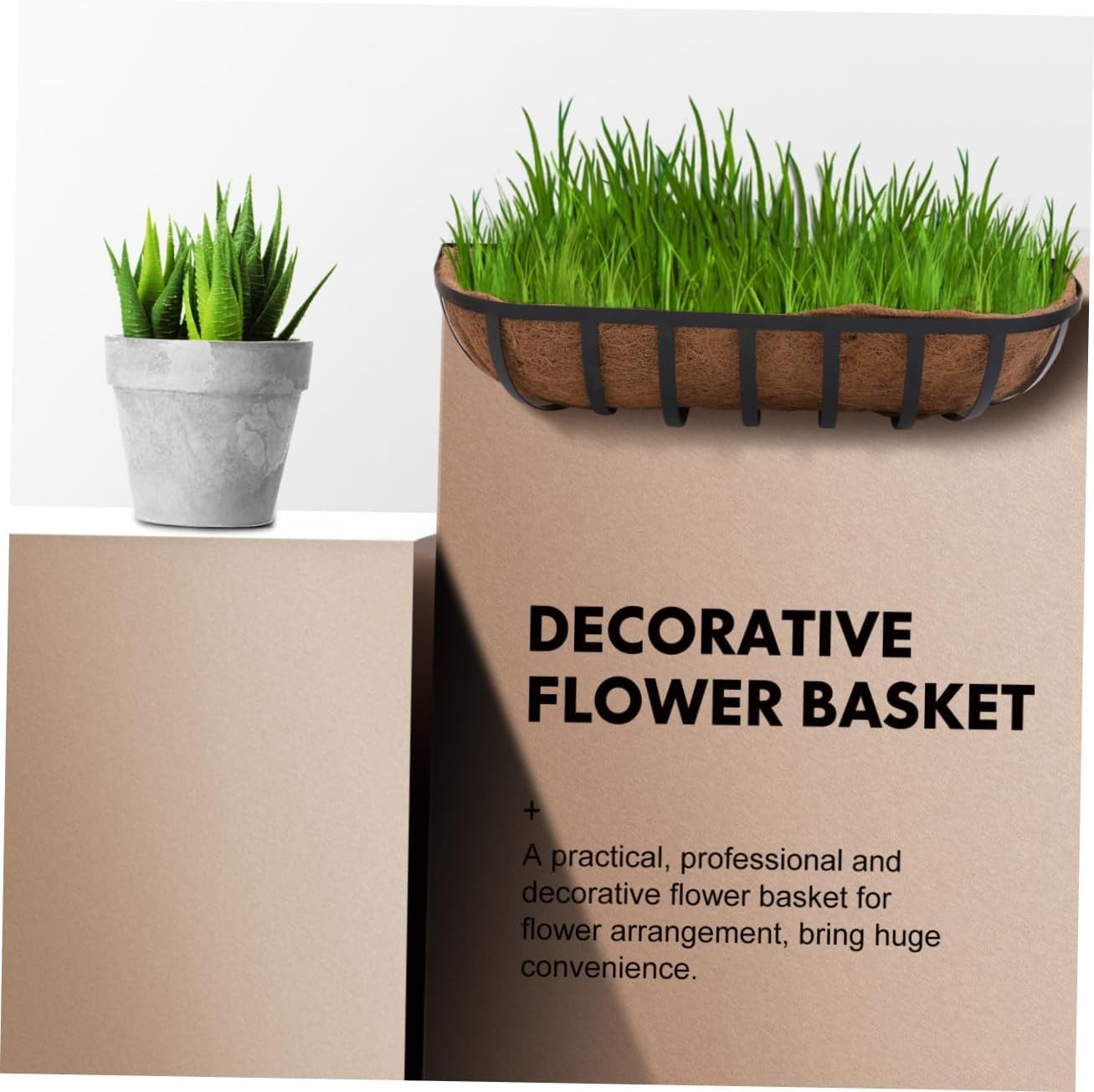 HOMSFOU 24-inch Half-Round Coconut Coir Wall-Mounted Flower Basket with Iron Frame, Metal Hanging Flower Pot for Balcony and Outdoor Garden Planter