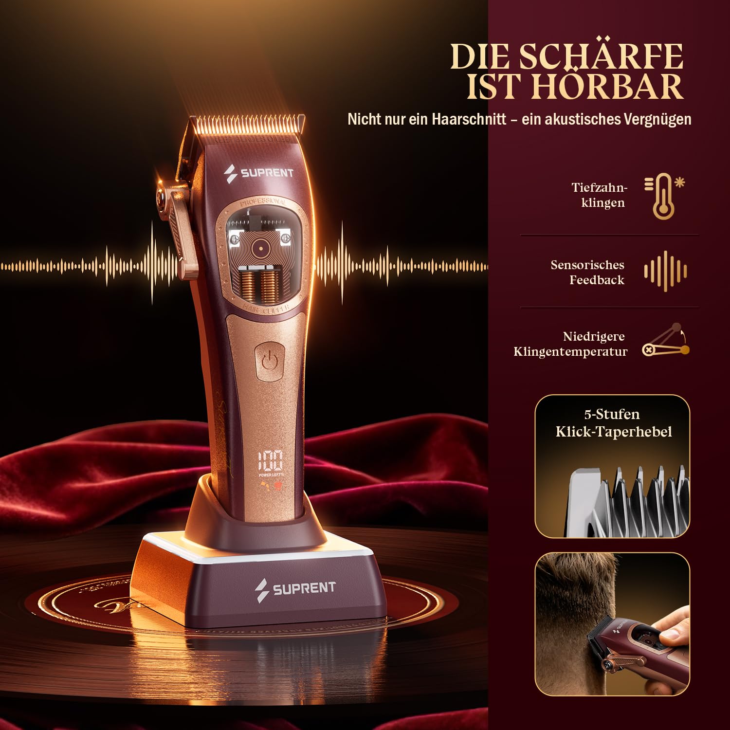 SUPRENT Profi Haarschneidemaschine, 8500-11000 U/min Dual-Coil-Vektormotor | Kabelloser Haarschneider Herren, Zero-Gap T-Blade Trimmer, Haarschneideset mit Ladestation