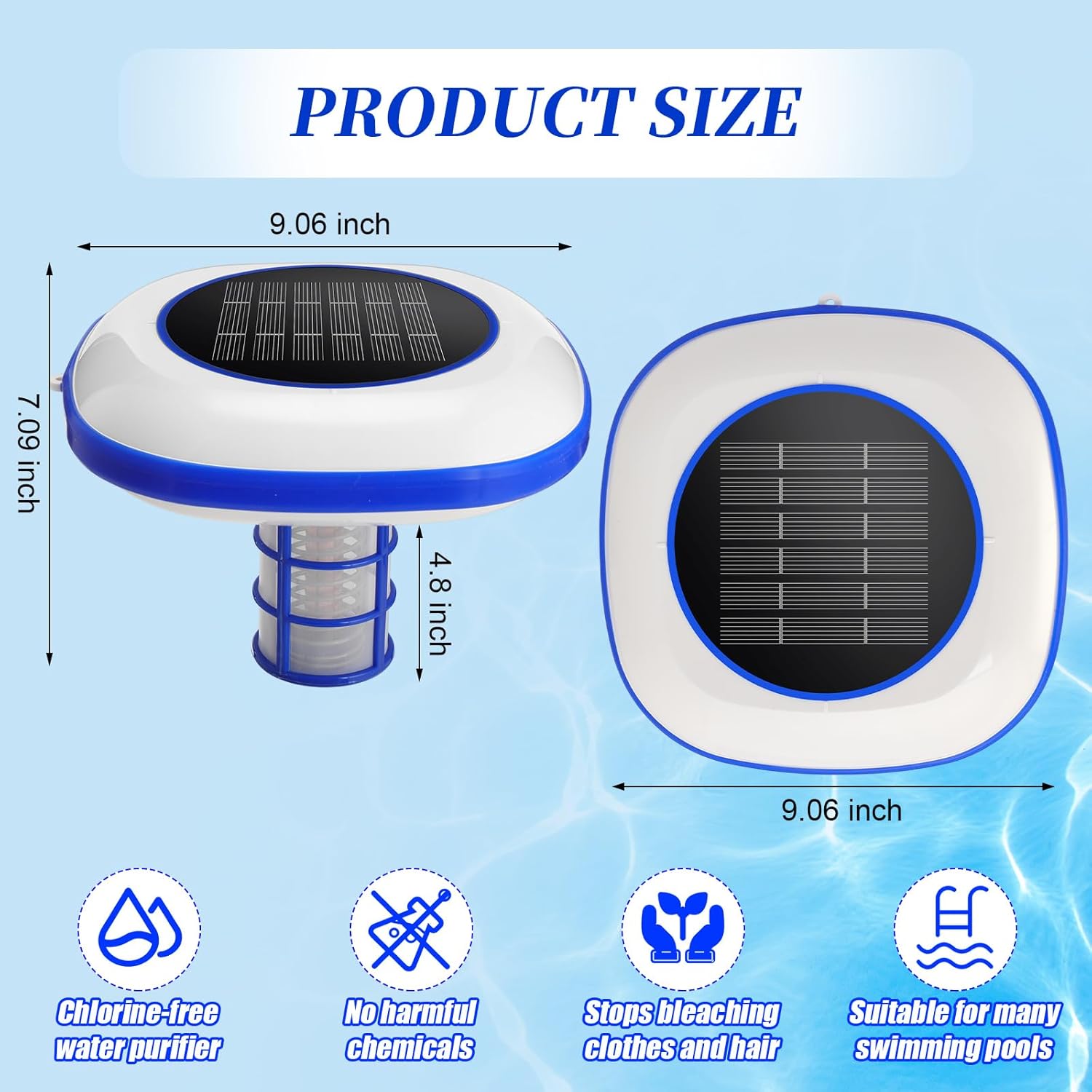 Qualirey Solar Pool Ionizer System Automatic Floating Water Cleaner and Purifier, Up to 45, 000 Gal, 90% Less Chlorine, with 4 Pcs Scum Eliminating Ball and 2 Copper Rod, for Fresh Salt Water Pool Spa