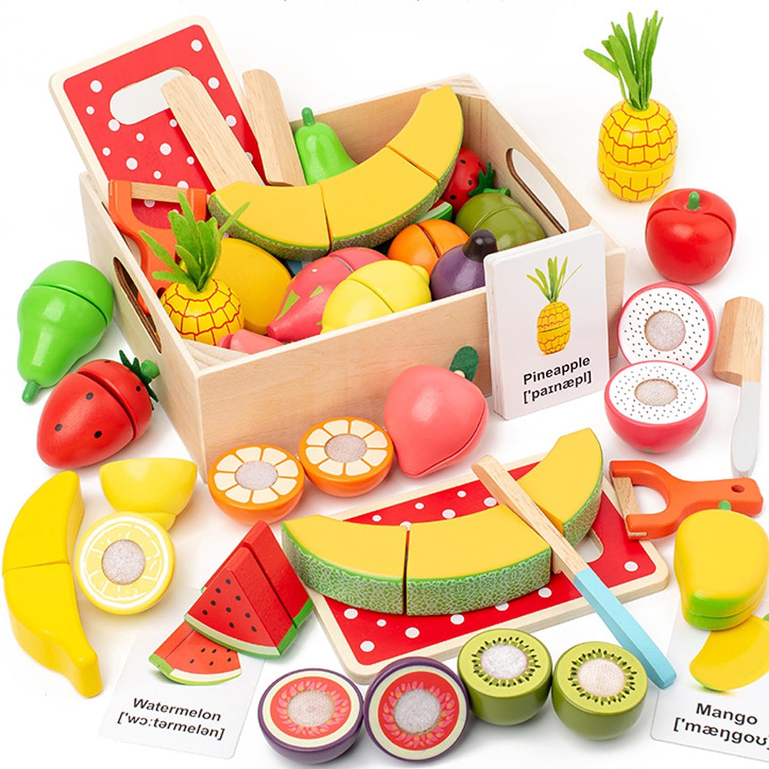 35PCS Wooden Pretend Play Food Set with Storage Basket & Learning Cards for Kids 3-6 35PCS Wooden Pretend Play Food Set with Storage Basket & Learning Cards for Kids 3-6