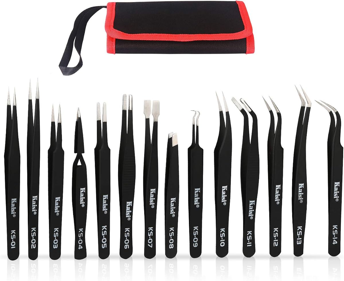 Juego de Pinzas de Precisión de 14 Piezas, Juego de Pinzas ESD, Juego de Pinzas Antiestáticas de Acero Inoxidable para Manualidades, Joyería, Electrónica, Trabajo de Laboratorio