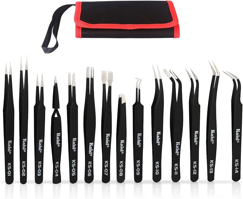 Juego de Pinzas de Precisión de 14 Piezas, Juego de Pinzas ESD, Juego de Pinzas Antiestáticas de Acero Inoxidable para Manualidades, Joyería, Electrónica, Trabajo de Laboratorio
