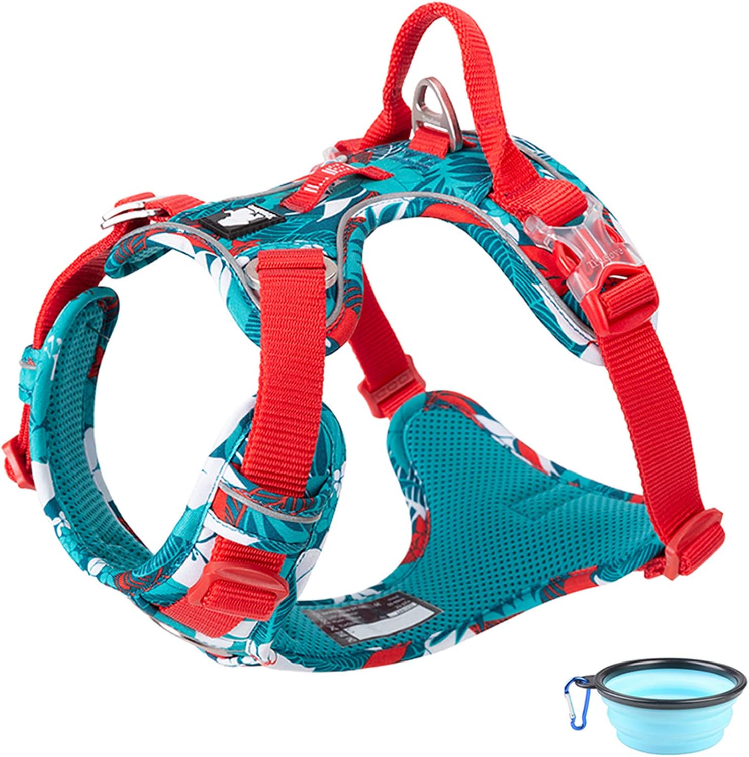 TVMALLReflective Dog Harness Large, Medium and Small No-Pull Pet Harness Adjustable Front clip Dog Harness Outdoor Pet Training Vest Breathable dog chest strap + Free Collapsible bowl (Blue red, XL)