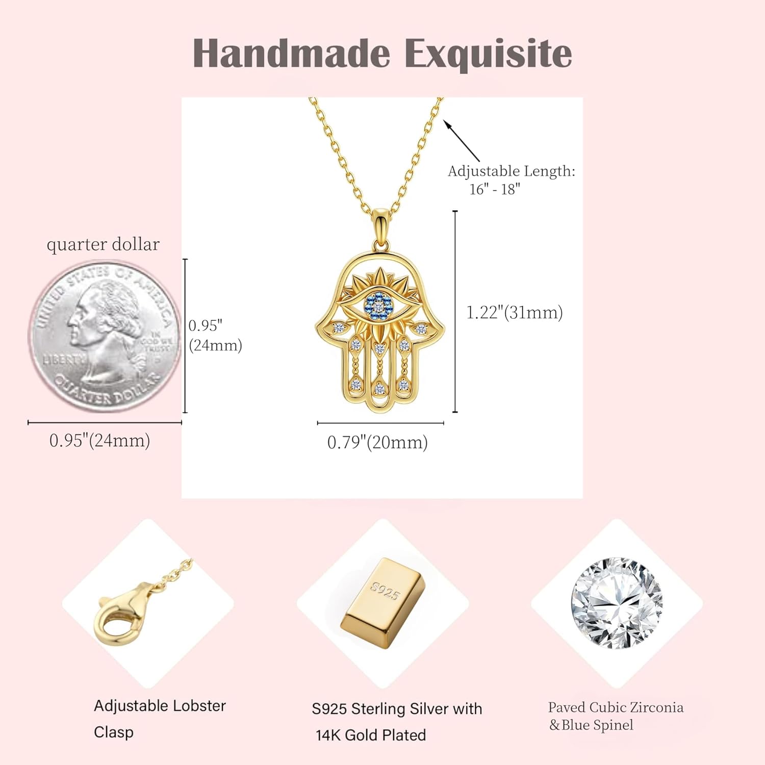 Oversized Hamsa Evil Eye Pendant Necklace, 14K Gold Plated S925 Sterling Silver with Blue Spinel & Zirconia, Adjustable 16-18 Inch Chain, Statement Protection Jewelry Gift