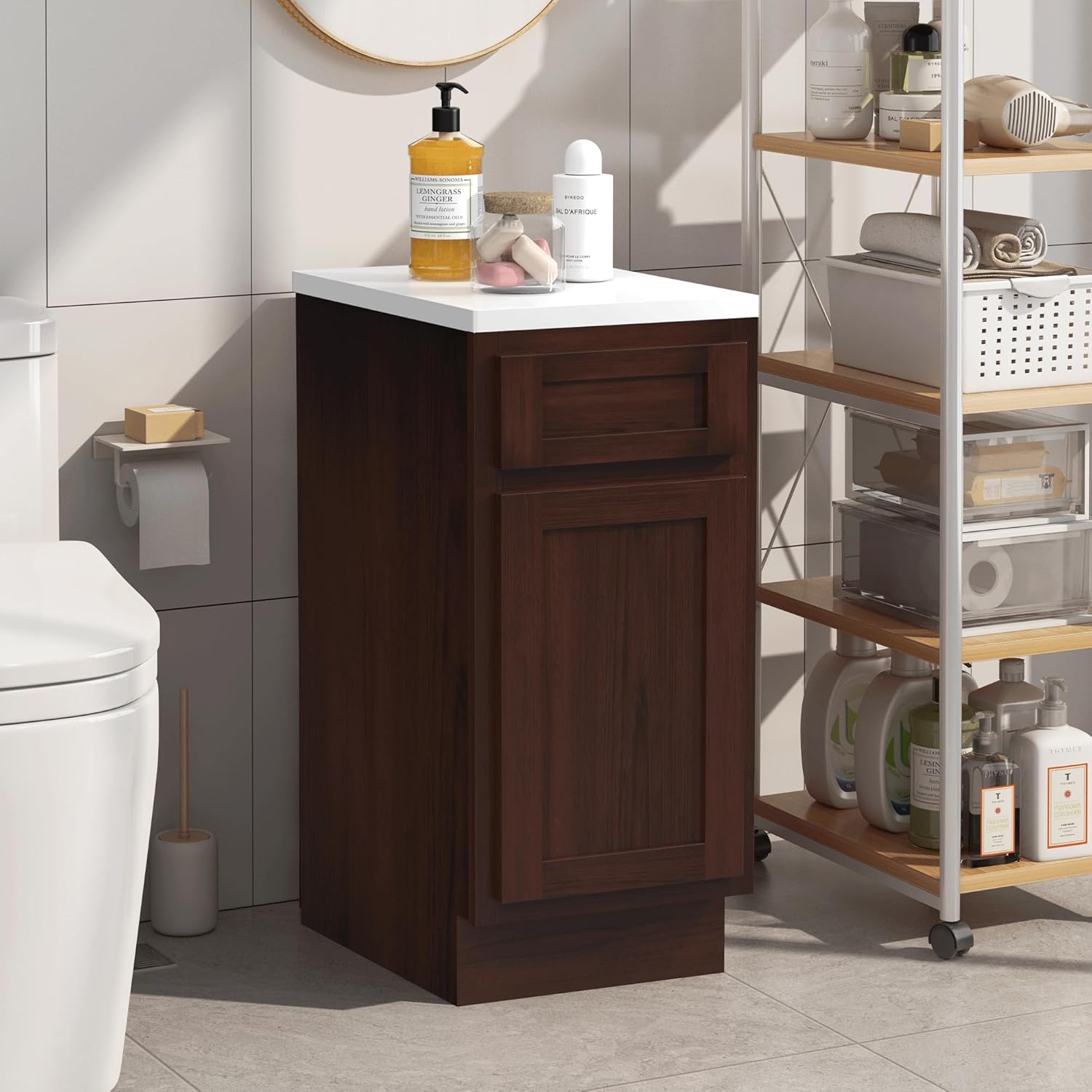 Vanity Art 15 Inch Small Bathroom Vanity Cabinet with Soft Closing Drawer and Door, Single Door Right Offset Shaker Design Floor Mount Side Bathroom Organizers and Storage, VA4015-1B