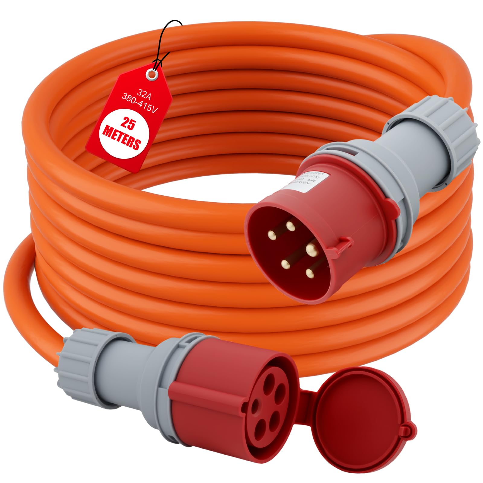 CEE-Verlängerungskabel 32A 25m für Camping – Industrielles Kabel 240V 5G2,5mm², IP44 Außenbereich, Signalfarbe Orange, Made in Germany, für Wohnwagen und Wohnmobil