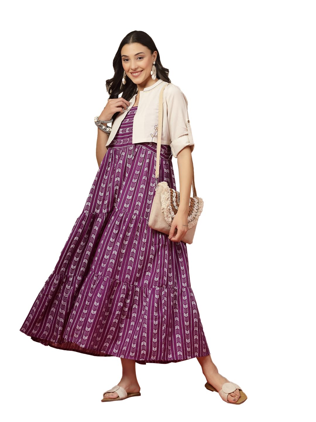 Women's Violet Woven Printed Cotton Tiered Dress with Cotton Flax Jacket-image-18