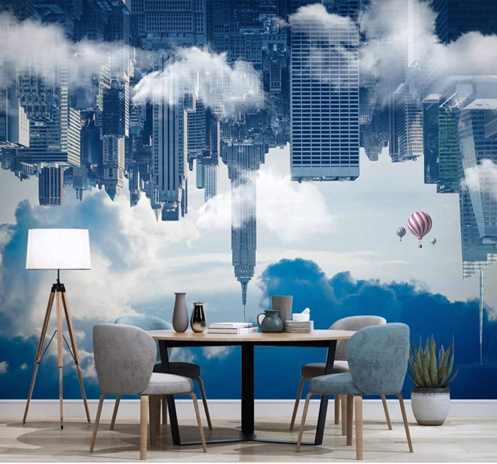 Wallpaper-3D-Xlm 250Cm×170Cm(B×H) Blue Sky Hot Air Balloon Unique City Architecture 3D Wallpaper Easy Install Feature Office Living Room Sofa Bedroom Tv Background Wall Decoration-250Cm×170Cm