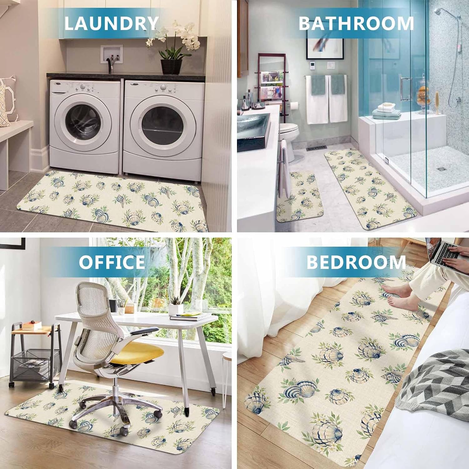Blue Seashells Kitchen Mat Set 2 Pieces Coastal Vintage Leaf Rustic Country Linen Texture Non Slip Kitchen Rugs Washable Runner Rug Mats for Floor Sink Laundry Office 15.7" x 23.6"+15.7" x 47.2"