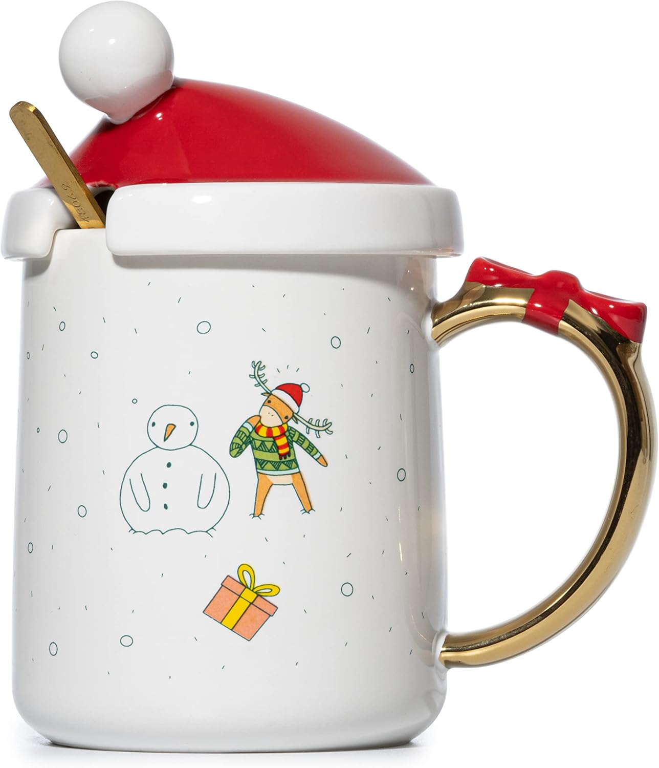 GUTE Christmas Mug Santa and Deer Red Lid with Gold Spoon - Cute Coffee & Tea Milk Cup - Holiday Festive Gift, 16oz Winter Season Cup, Cute Merry Santa, Reindeer, Snowman, Ugly Sweater - Enamel (1)