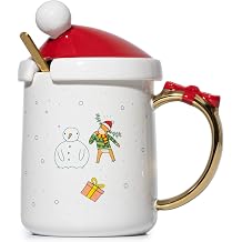GUTE Christmas Mug Santa and Deer Red Lid with Gold Spoon - Cute Coffee & Tea Milk Cup - Holiday Festive Gift, 16oz Winter Season Cup, Cute Merry Santa, Reindeer, Snowman, Ugly Sweater - Enamel 1