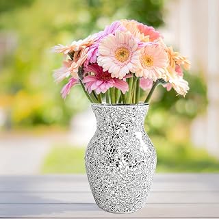 Mosaic Glass Vase, Silver Crackle Crystal Vase, Shiny Modern Decor Handmade Vase, Glitter Mosaic Accent Container Table Centerpiece for Home Decor Office Living Room Bookshelves Wedding Gift