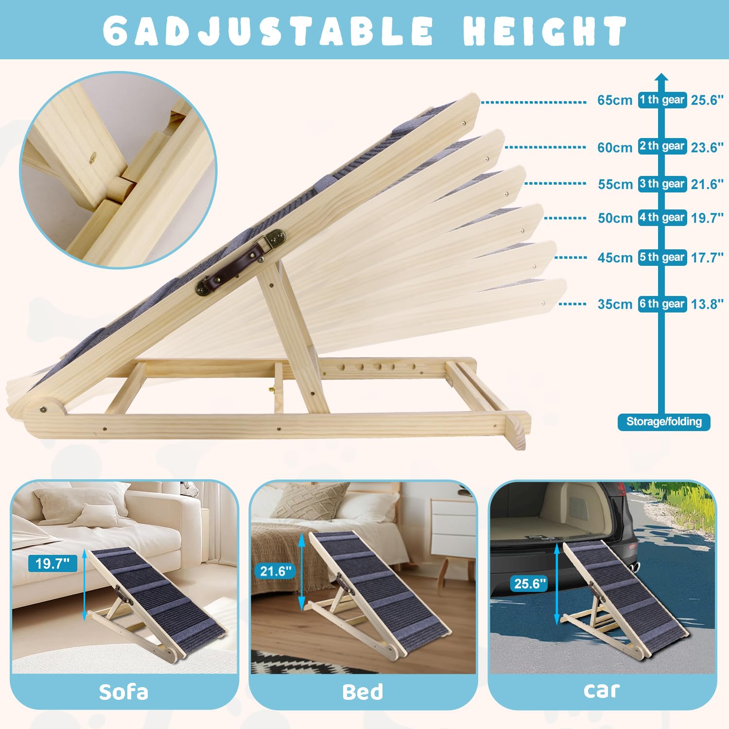 Dog Ramp 6 Adjustable Height from 13.8 to 25.6,Folding Portable Wooden Non-Slip High Traction Pet Ramp for Small Large Dogs,Dog Ramp for Bed Couch and Car Up to 200lbs