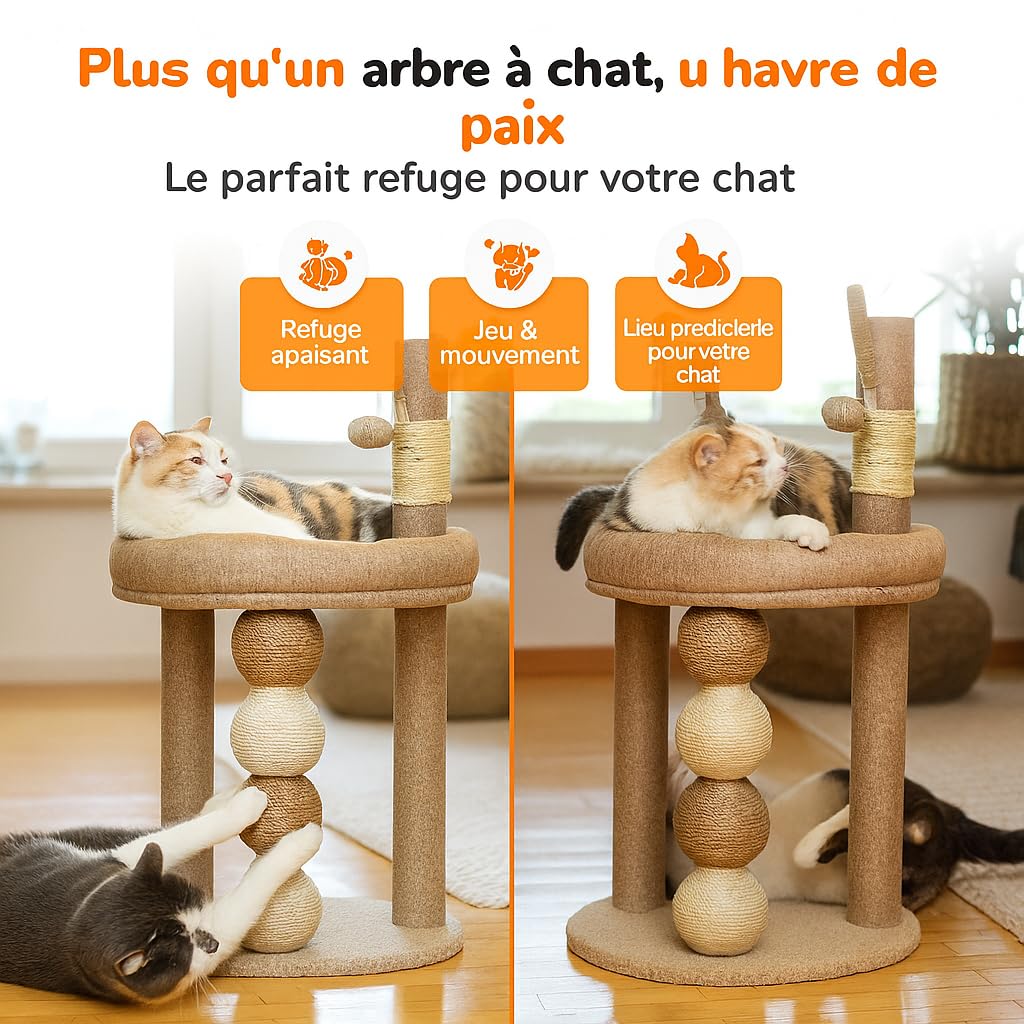 Tiragraffi per gatti beige – albero stabile con cuccia e piattaforme – tiragraffi moderno per gatti grandi e piccoli da interno