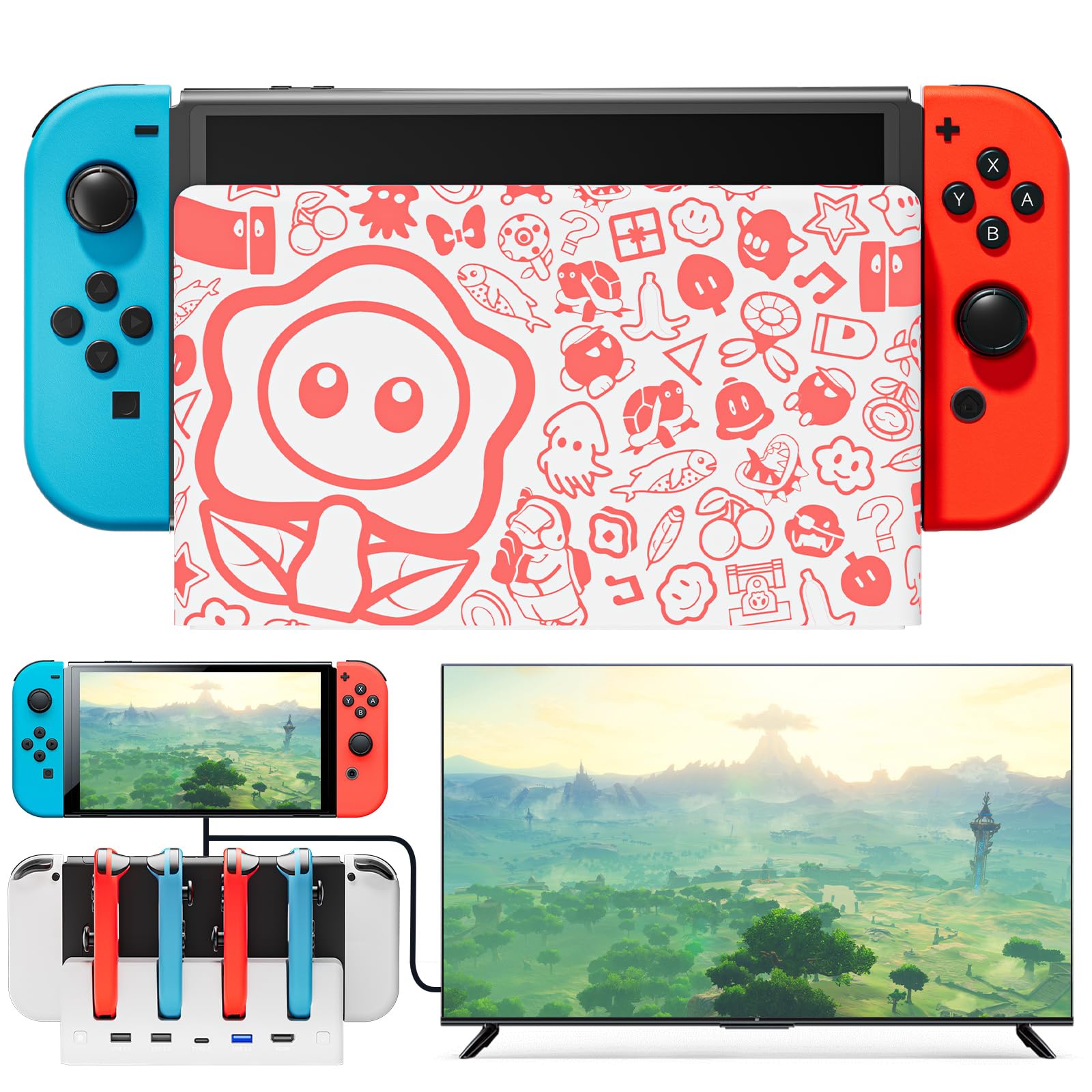 Stacja dokująca do telewizora Switch TV z joypadami, zamiennik do stacji dokującej Switch, obsługa HDMI 4K/1080P, wielofunkcyjna stacja dokująca z ładowarką 7 kolorów LED/porty USB 3.0, Biały