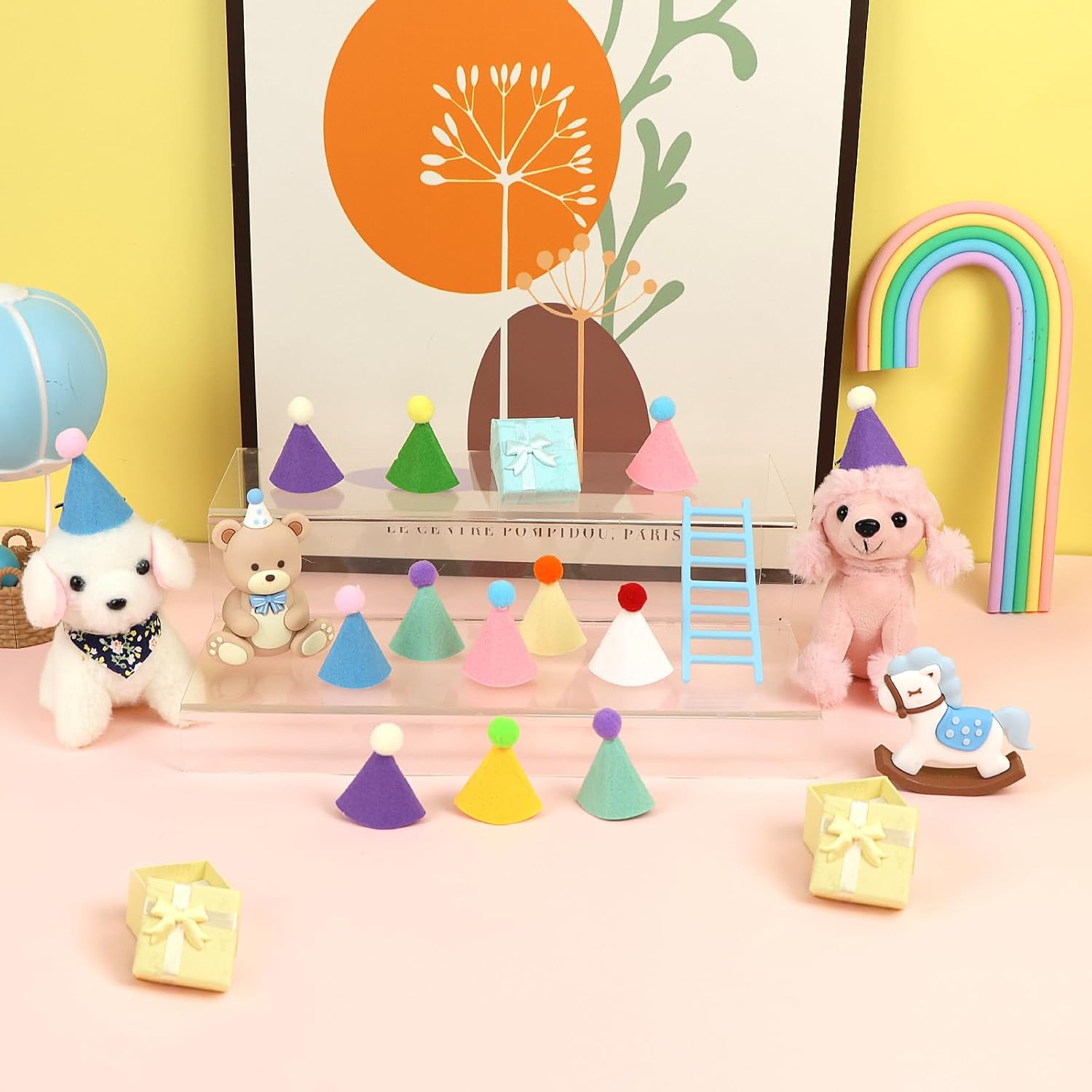 24 Pack Mini Party Hats for Stuffed Animals Figures, Tiny Finger Hats for Mini Toys Dinosaur Animal for Birthday Party Decoration Cake Toppers