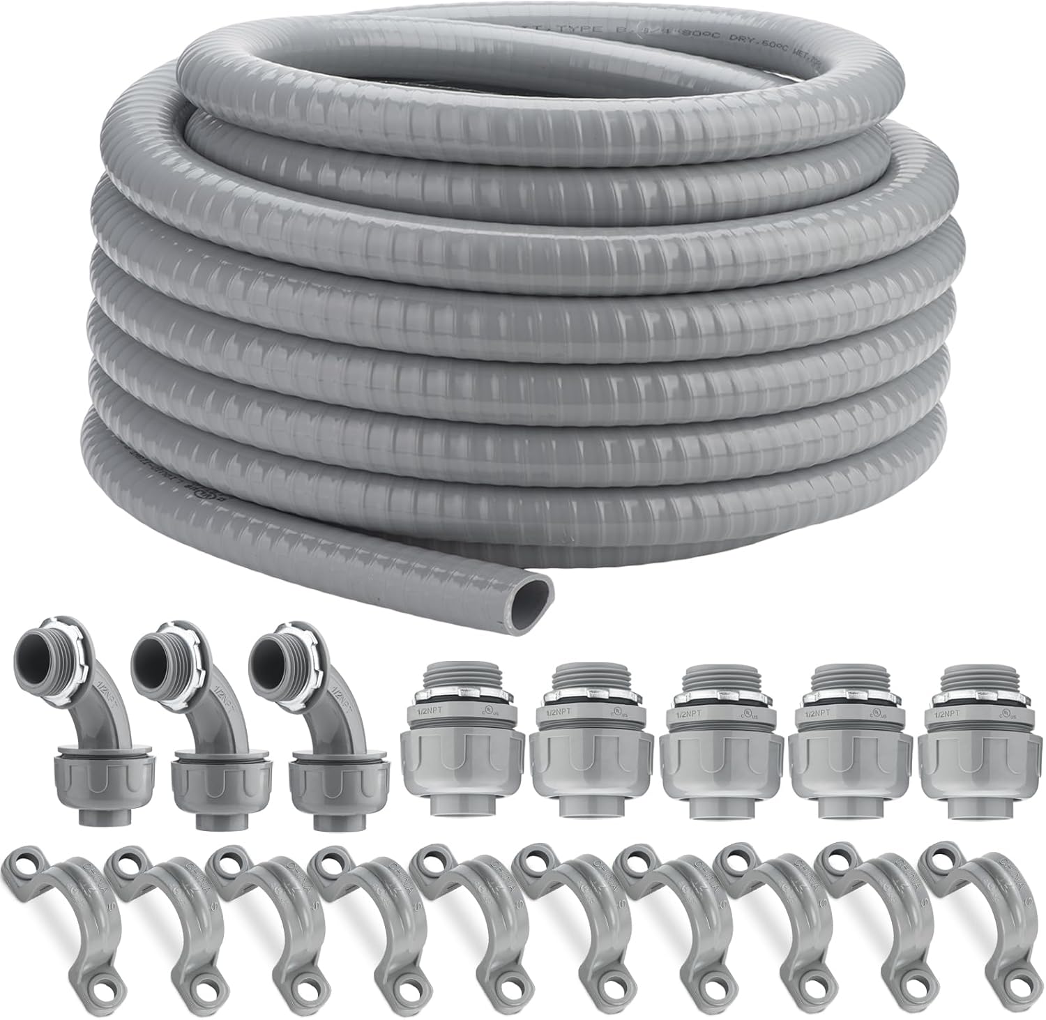(1/2 inch-50 feet) eflyefly Flex Liquid Tight Conduit 1/2 Non Metallic Flexible Electrical Conduit Kit, 50 Feet 1/2 inch Flexible PVC Conduit with 5 Pieces Couplings, 3 Pieces Elbows, 10 Pieces Straps