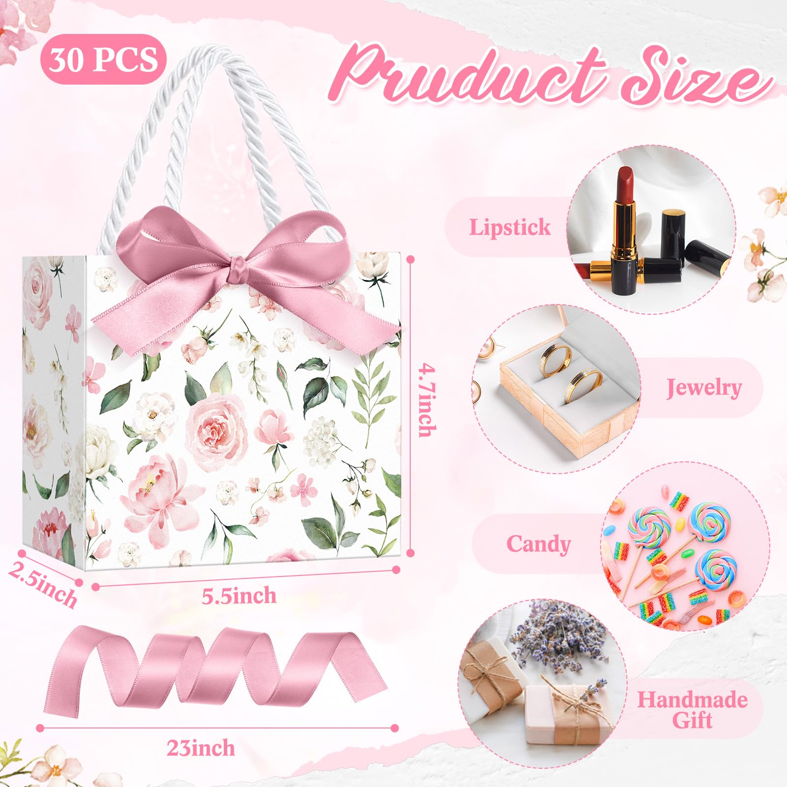 Moinchore 30 Pcs Pink Floral Paper Gift Bags with Ribbon Handles, 5.5 x 4.7 x 2.5 in Medium Decorative Favor Bags for Baby Shower, Bridal Party, Wedding, Birthday, Candy, Snacks and Small Gifts