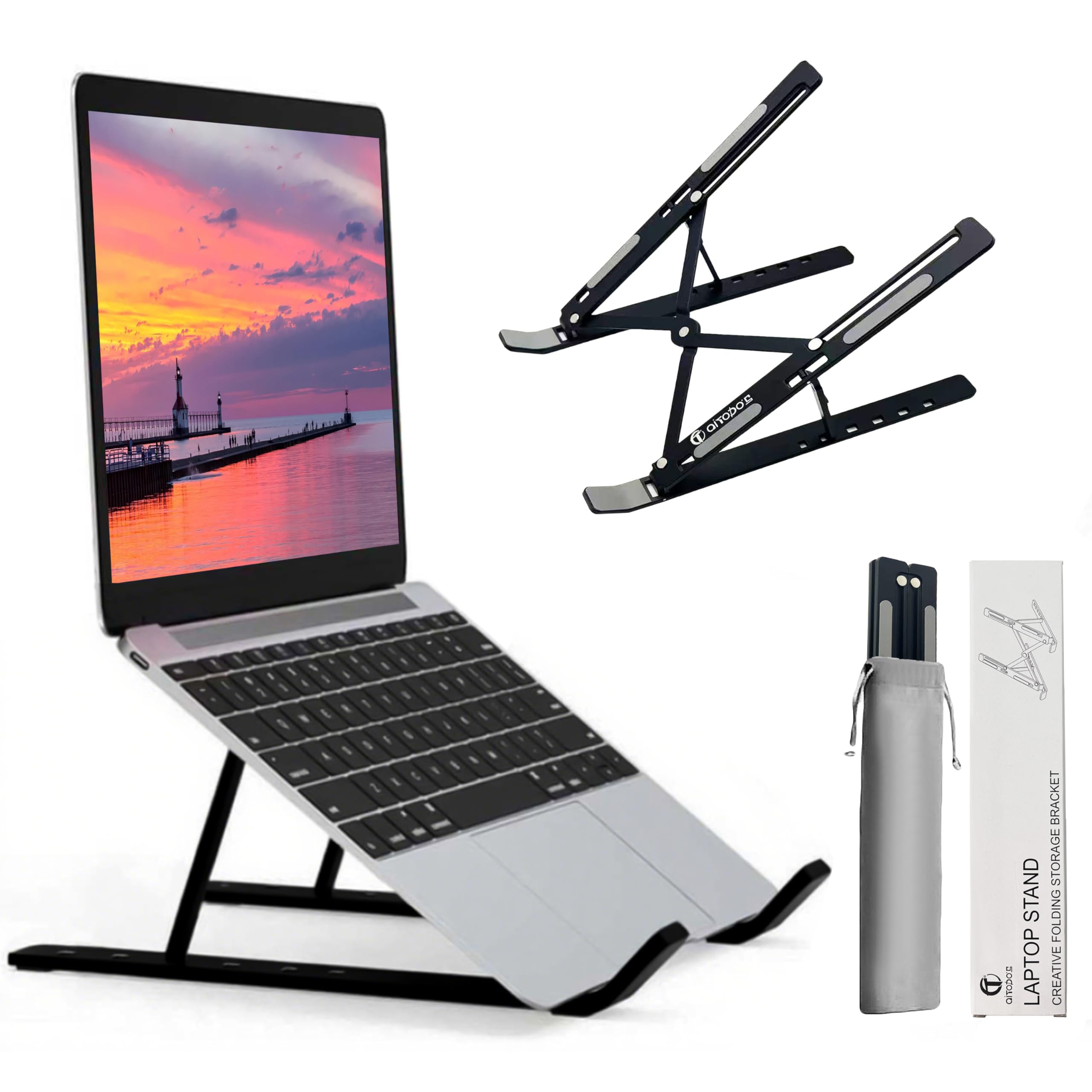 AiTodos® Supporto pc Portatile, Lega di Alluminio, Leggero, Antiscivolo, Portatile Pieghevole, Supporto per Laptop - Ventilazione e Dissipazione del Calore, Regolazione a 6 Marce - Laptop Stand（Nero）