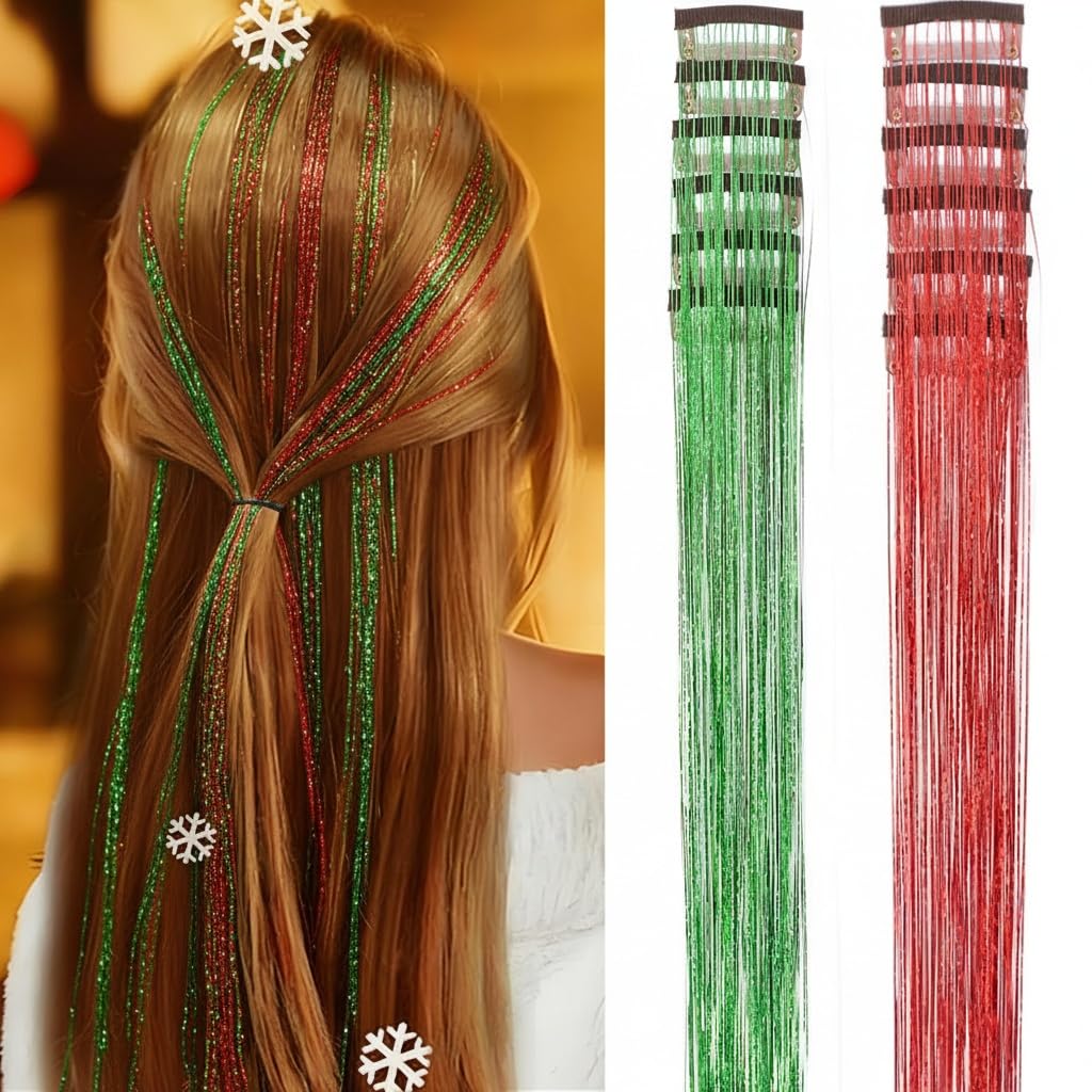 Hair Tinsel 12 Pcs Clip in Hair Tinsel Kit for Girls 22 Inch Glitter Fairy Tinsel Hair Extensions Colorful Heat Resistant Party Festival Accessories for Women (pink/multicolor-12 Pcs)