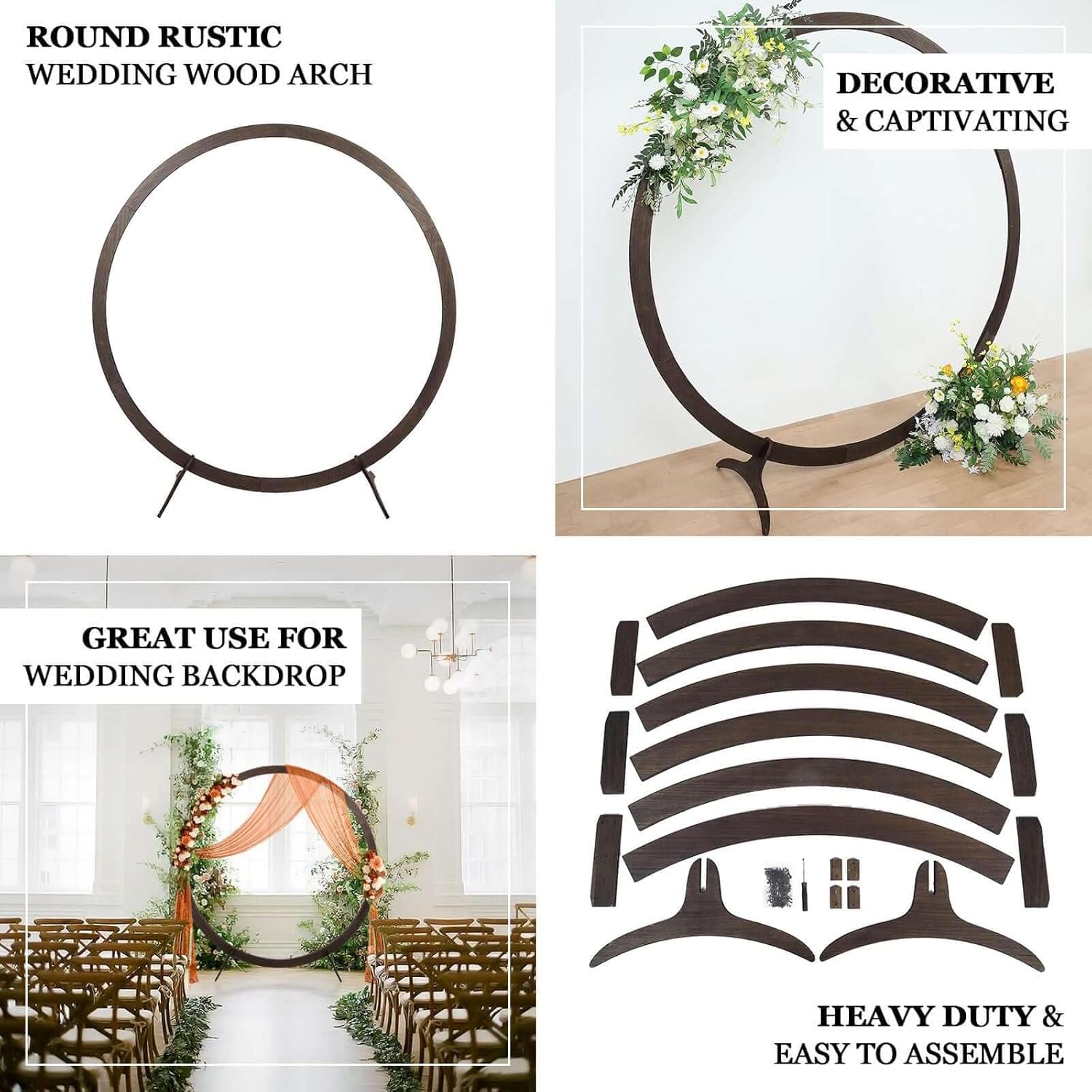 Efavormart 7.4ft Dark Brown Round Wooden Wedding Arch Stand, Rustic DIY Circular Moon Gate Backdrop Stand for Professional Event Staging