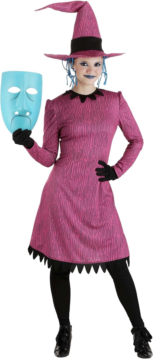 Adult Shock Costume | Women's Disney Nightmare Before Christmas Purple Dress, Leggings, Hat with Attached Hair & Mask