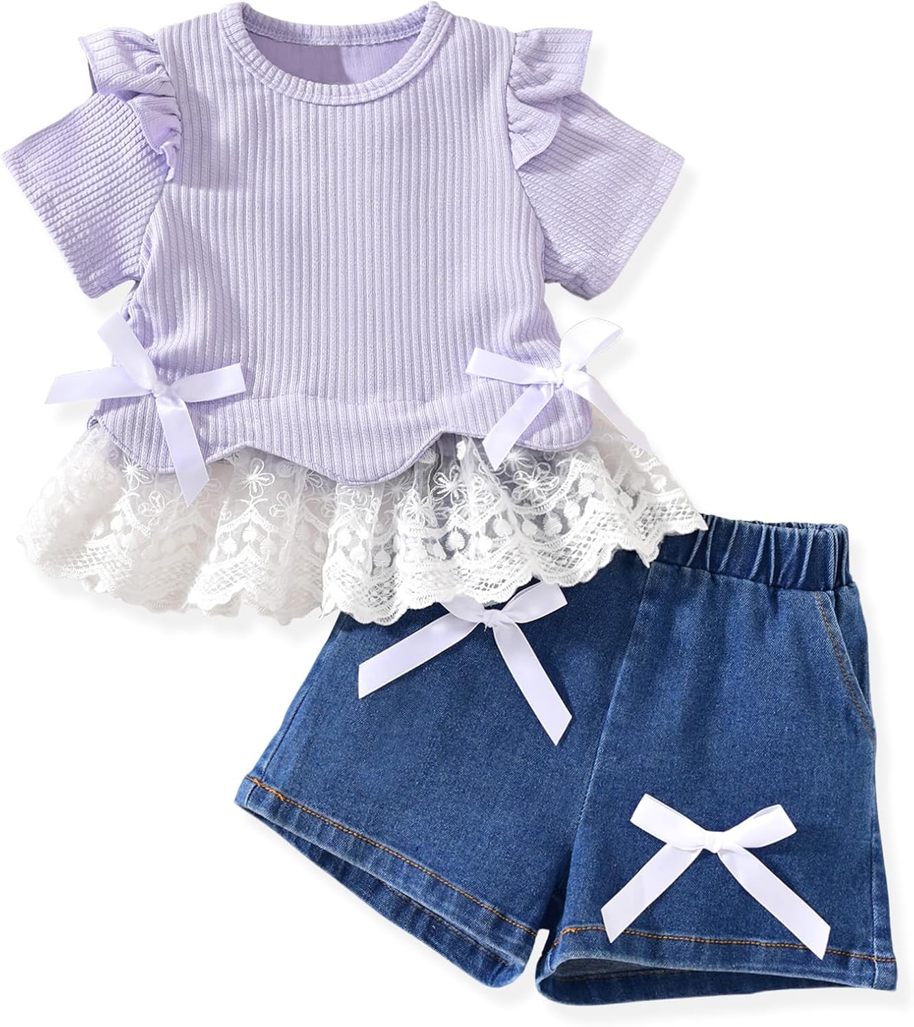 HINTINA Toddler Girl Summer Outfits Ruffle Sleeve Lace Trim Tops and Bow Denim Shorts Set