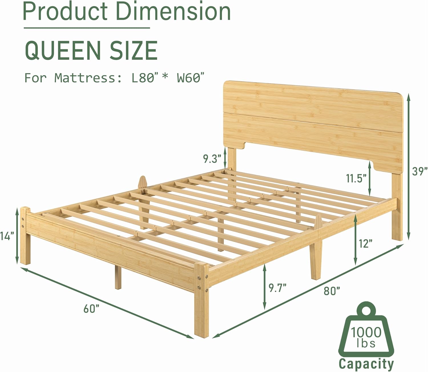 BOSRII 12in High Solid Bamboo Wood Platform Queen Size Bed Frame with Headboard, Reinforced Heavy Duty Metal Slats, Noise Free, No Box Spring Needed, Easy Assembly