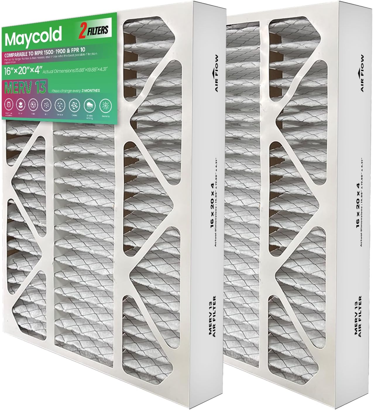 Maycold MERV 13 16x20x4 Air Filter (2-Pack), High-Efficiency Pleated AC ...