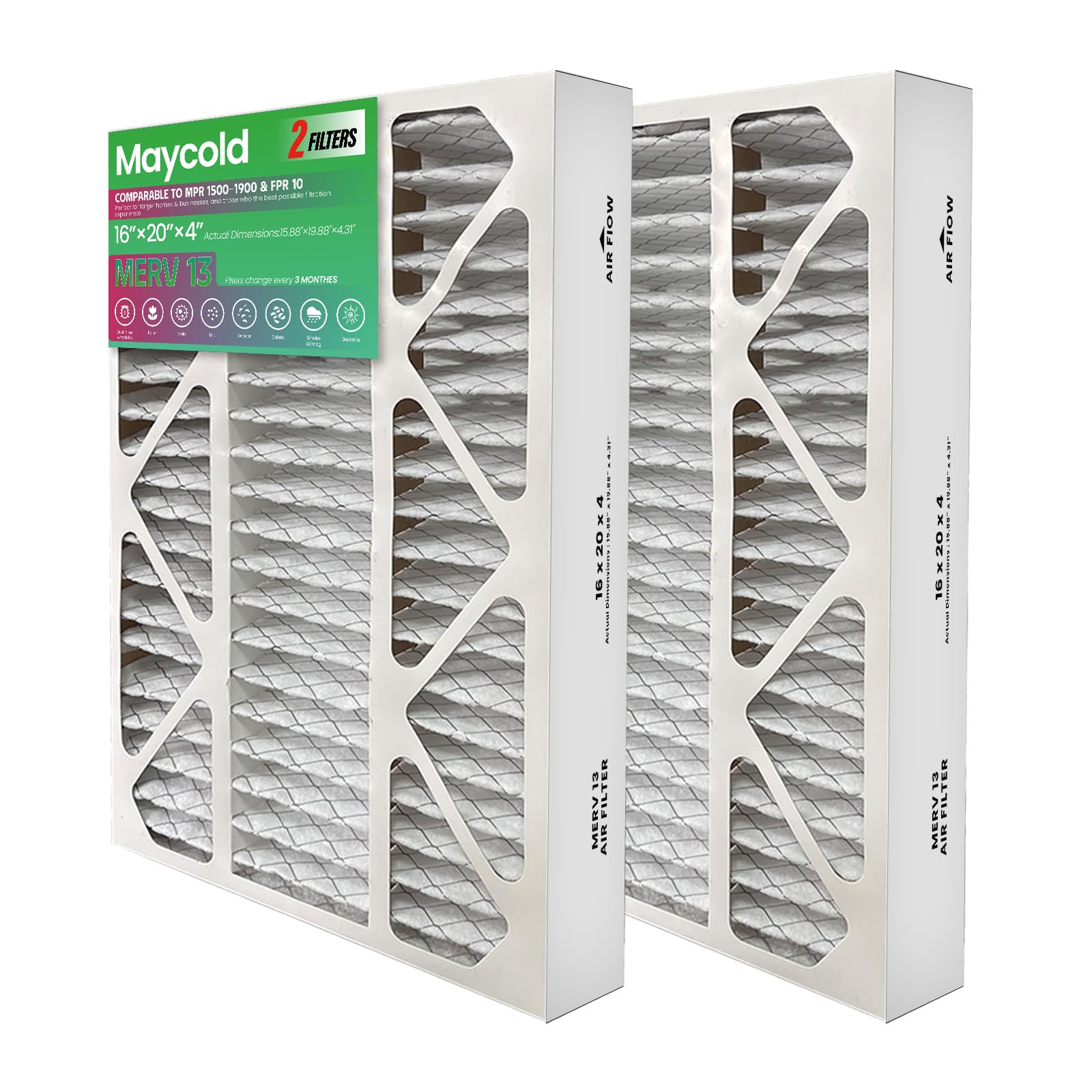 maycold merv 13 16x20x4 air filter (2-pack), high-efficiency pleated ac & furnace filters, actual size: 15.88'' x 19.88'' x 4.31'', 